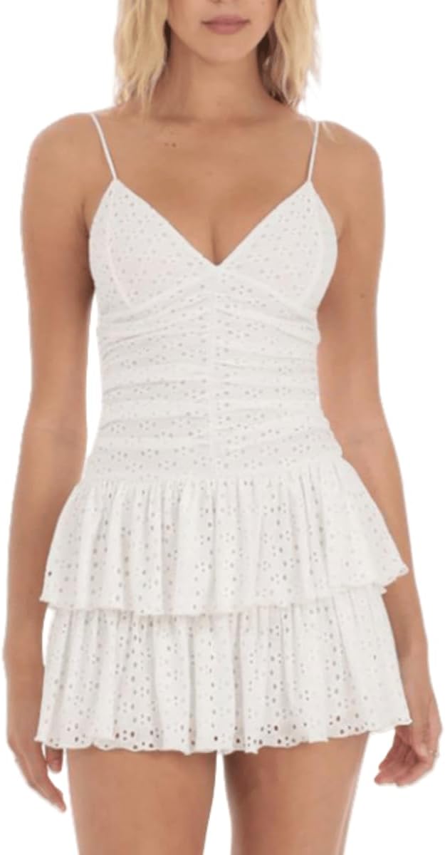 Womens Deep V Neck Spaghetti Strap Casual Tiered Mini Dresses Summer Layer Ruffle Hem Short Dress