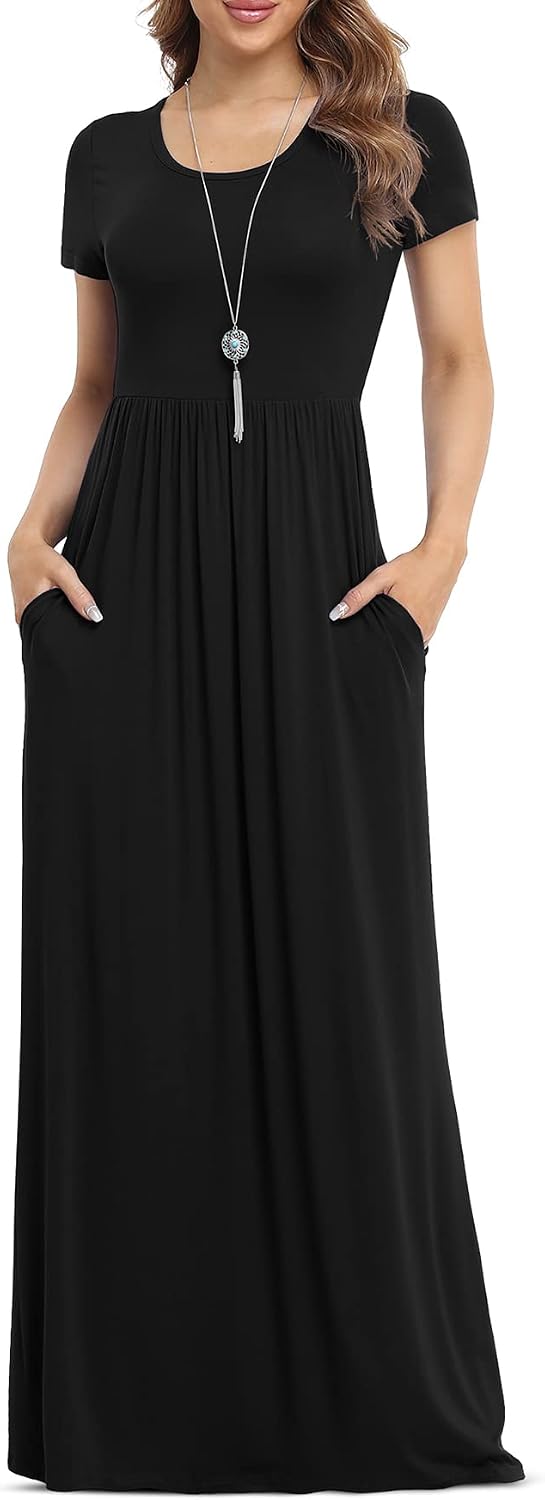 Womens Short Sleeve Loose Plain Maxi Dresses Casual Long Dresses with Pockets