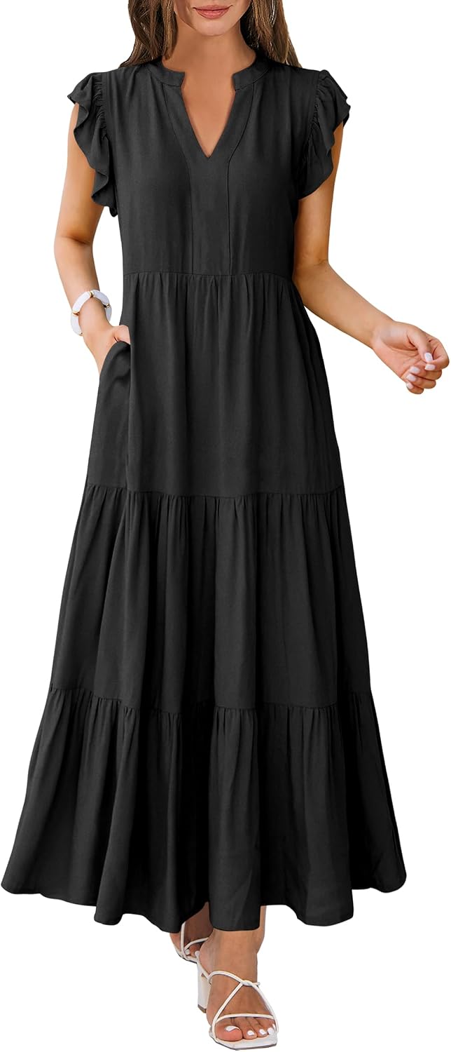 Womens Summer Casual Maxi Dress V Neck Ruffle Sleeve Long Dresses Fashion Flowy Tiered Boho Beach Vacation Sundress