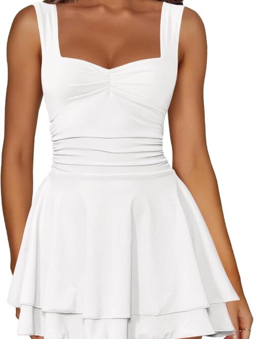 Womens Square Neck Sleeveless Mini Dress Ruched Waist Tiered Ruffle Hem A Line Short Dresses