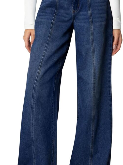 Womens Wide Leg Jeans High Waisted Stretchy Straight Leg Jeans Trendy Seamed Front Loose Denim Pants