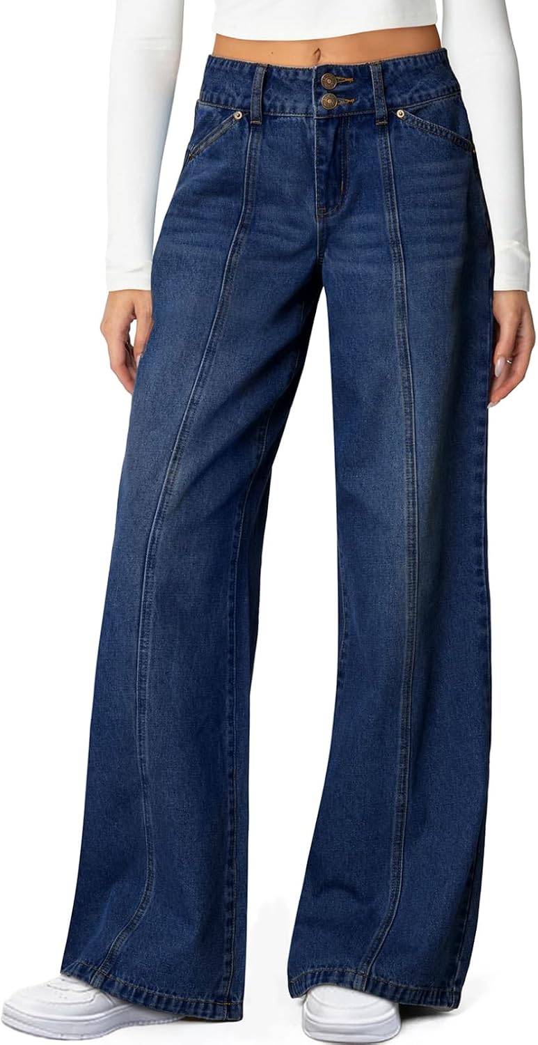 Womens Wide Leg Jeans High Waisted Stretchy Straight Leg Jeans Trendy Seamed Front Loose Denim Pants