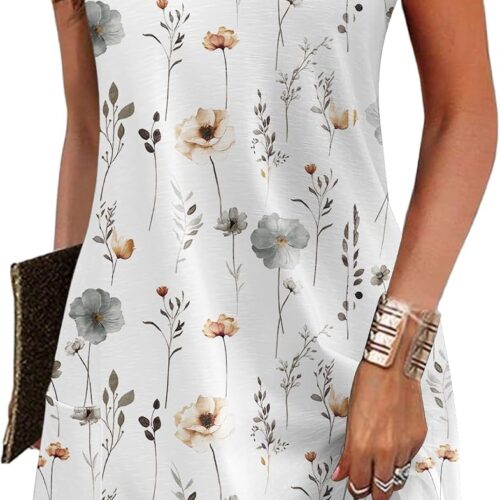 Womens Summer Dress Loose V Neck Sleeveless Sundresses Swimsuit Coverup with Pockets Floral Tank Dresses