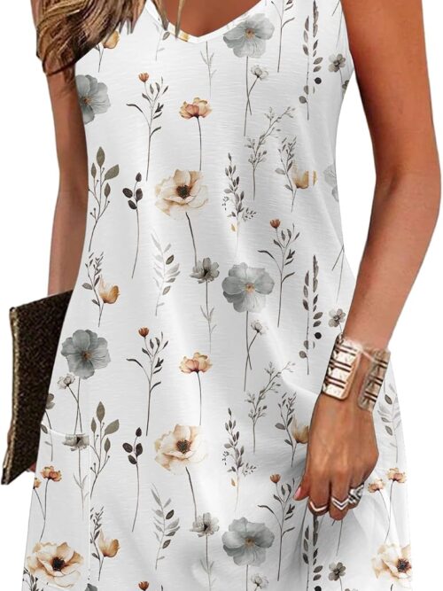 Womens Summer Dress Loose V Neck Sleeveless Sundresses Swimsuit Coverup with Pockets Floral Tank Dresses