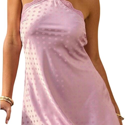 Womens Polka Dots Halter Neck Satin Mini Dress Backless Lace Trim Night Out Party Dresses