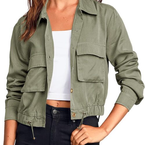 Women Military Safari Cropped Jackets Button Down Lightweight Oversized Utility Anorak Coat with Pockets