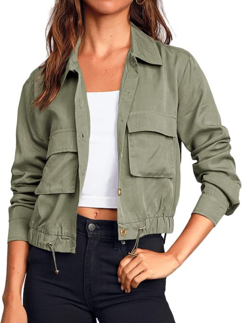 Women Military Safari Cropped Jackets Button Down Lightweight Oversized Utility Anorak Coat with Pockets