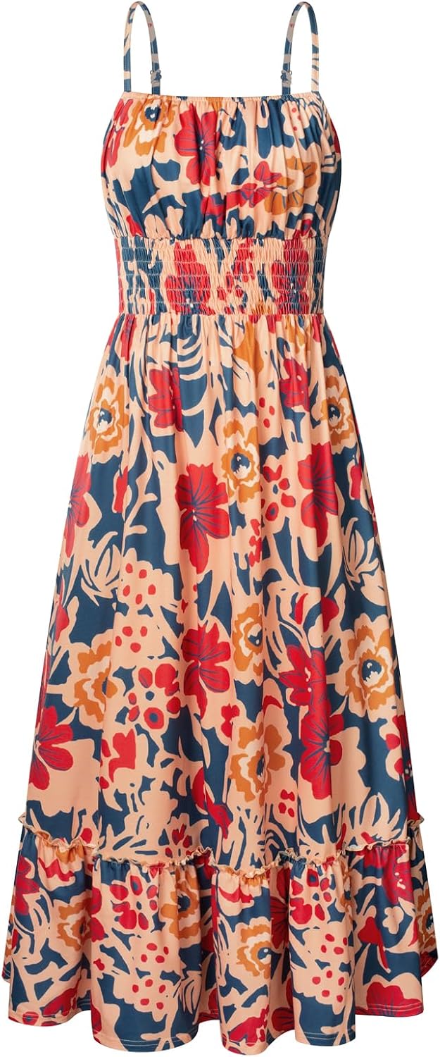 Summer Dresses for Women Vacation,Smocked Floral Maxi Dress,Boho Beach Sundress with Pocket Fashion Clothing