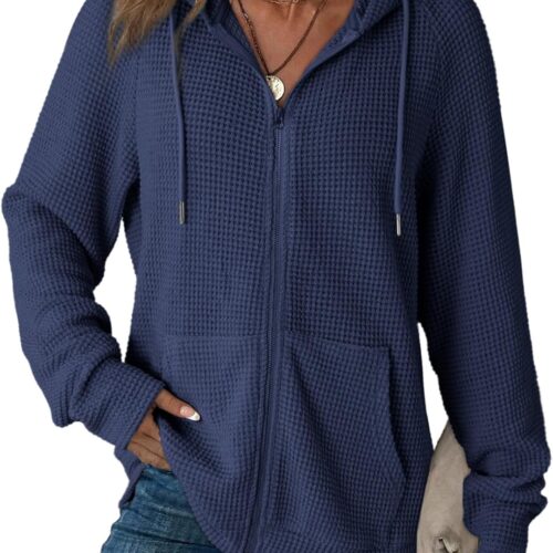 Women Full Zip Up Hoodies Waffle Knit Long Sleeve Drawstring Casual Sweatshirt Hooded Tops