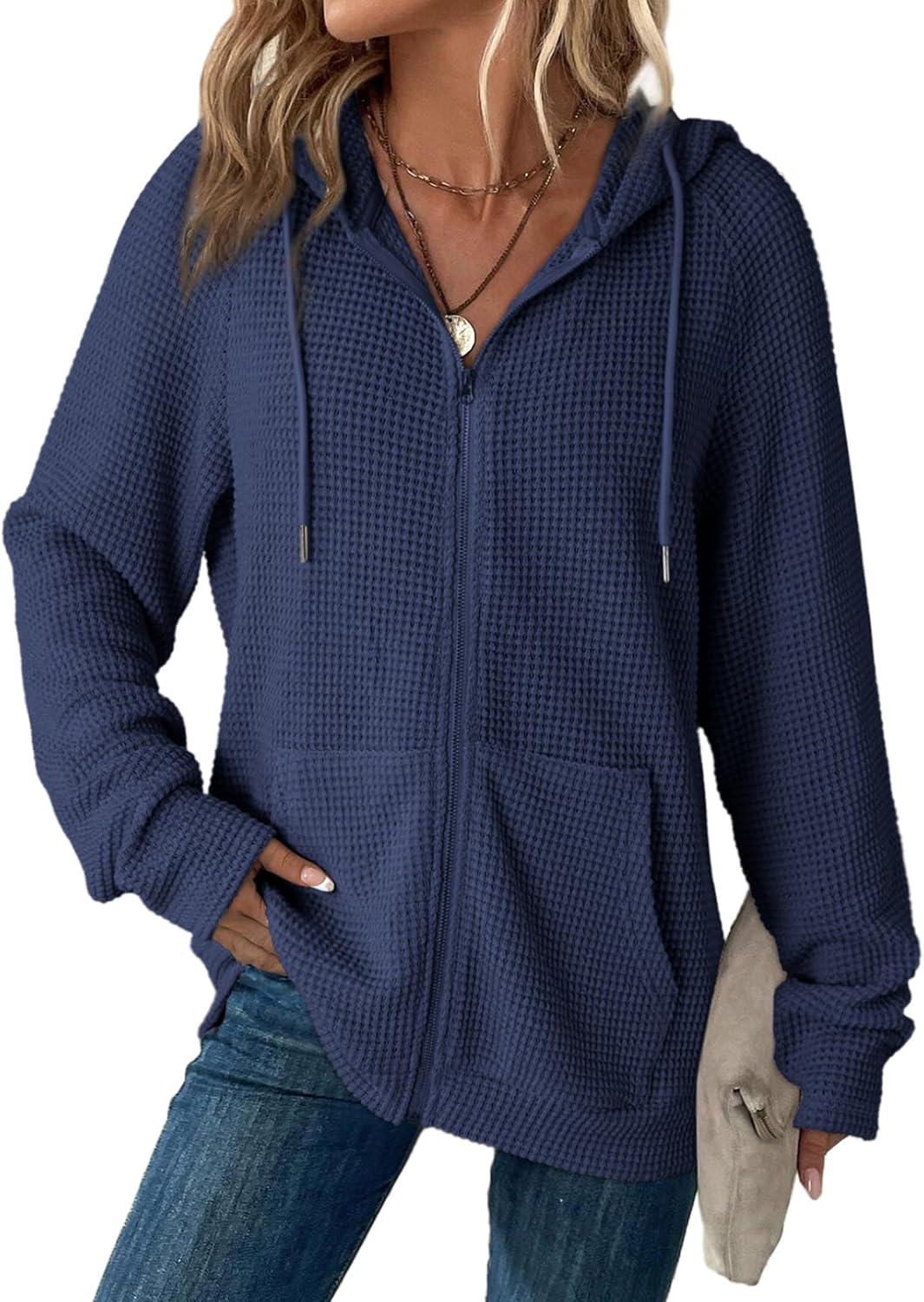 Women Full Zip Up Hoodies Waffle Knit Long Sleeve Drawstring Casual Sweatshirt Hooded Tops