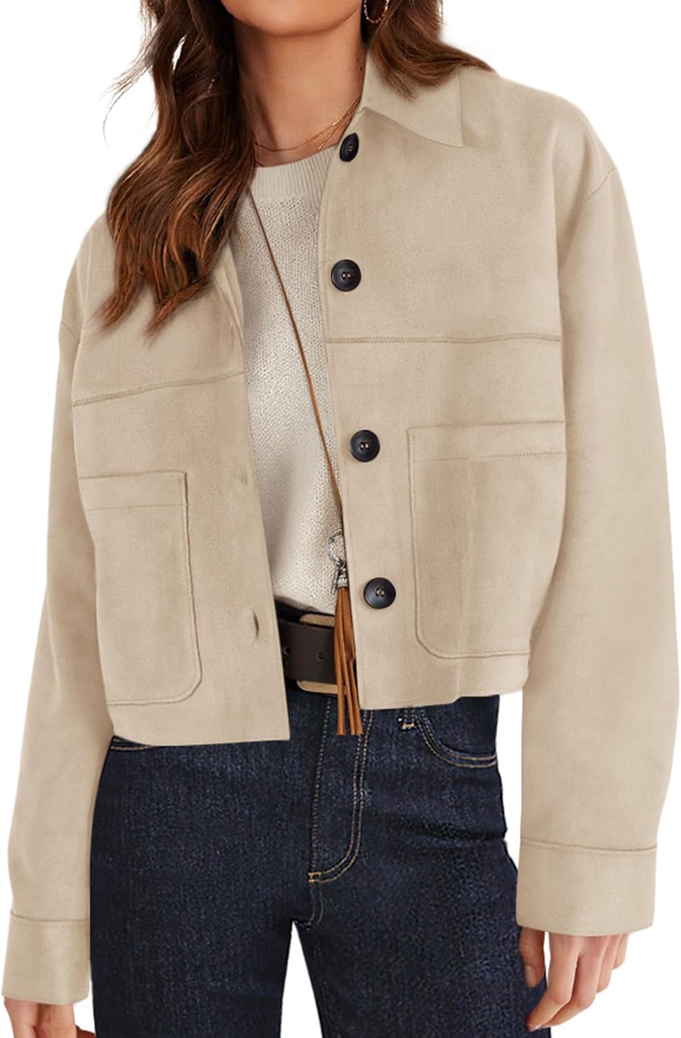 Women Faux Suede Cropped Jacket Casual Lightweight Fall Fashion Winter Coats Outerwear Trendy Clothes