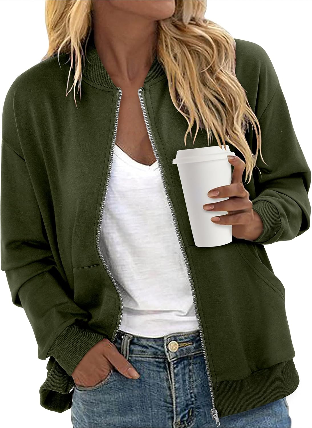 Women Zip Up Jacket Casual Long Sleeve Sweatshirts Fall Coat Outerwear Windbreaker with Pockets S XXL