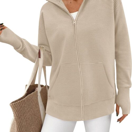 Women Spring Long Sleeve Zip Up Cardigan Sweaters Casual Loose Collared Ribbed Knit Tops Jackets Thumb Hole