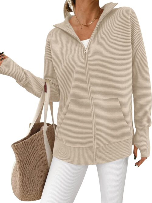 Women Spring Long Sleeve Zip Up Cardigan Sweaters Casual Loose Collared Ribbed Knit Tops Jackets Thumb Hole