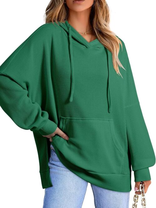 Oversized Hoodies for Women Casual Long Sleeve Waffle Knit Drawstring Side Slit Pullover Sweatshirts with Pocket