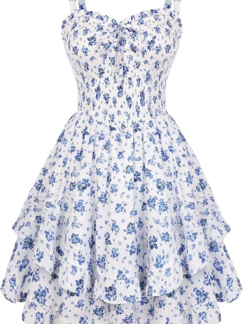 Smocked Floral Sundresses for Women Teens  Summer Flowy Ruffle Mini Dress