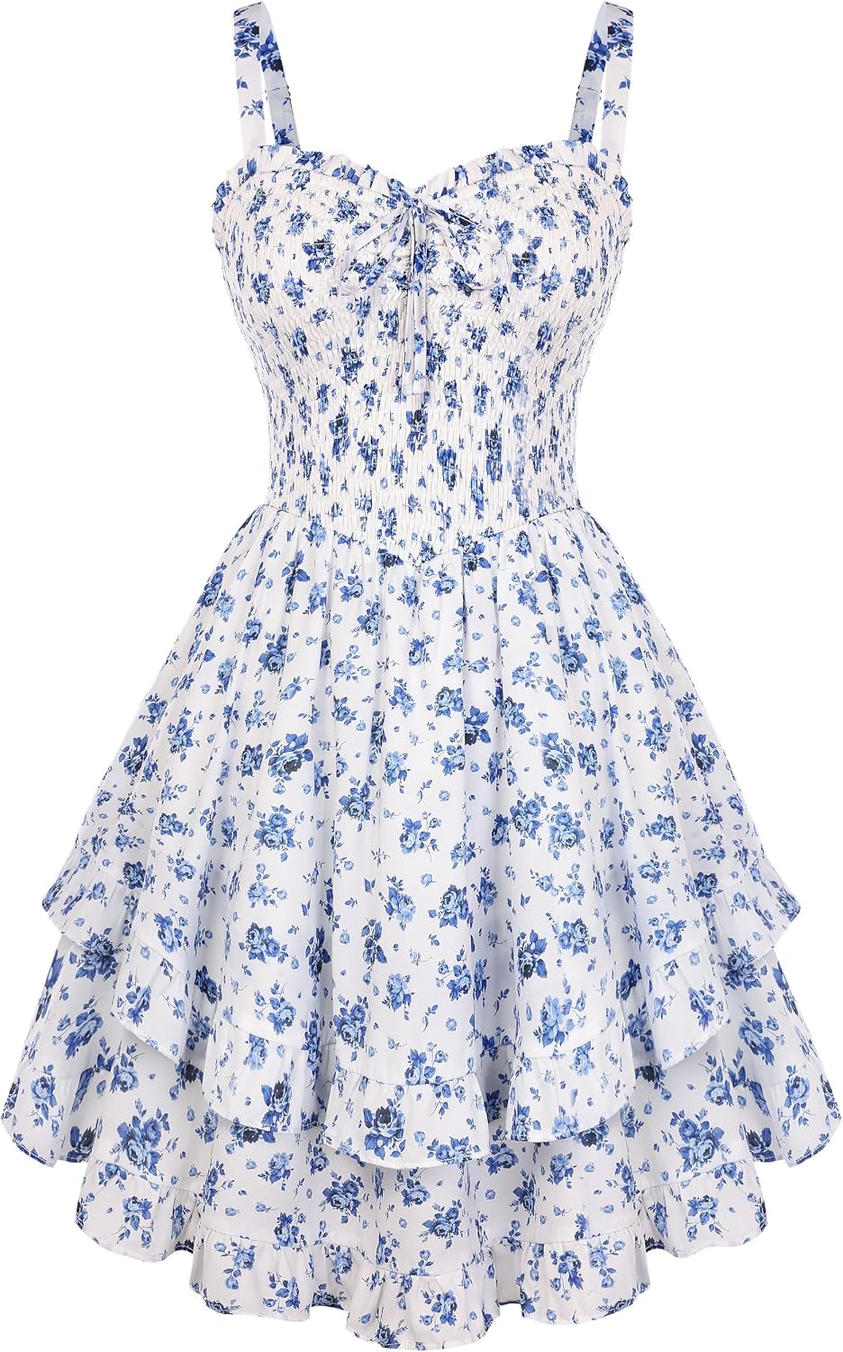 Smocked Floral Sundresses for Women Teens Summer Flowy Ruffle Mini Dress