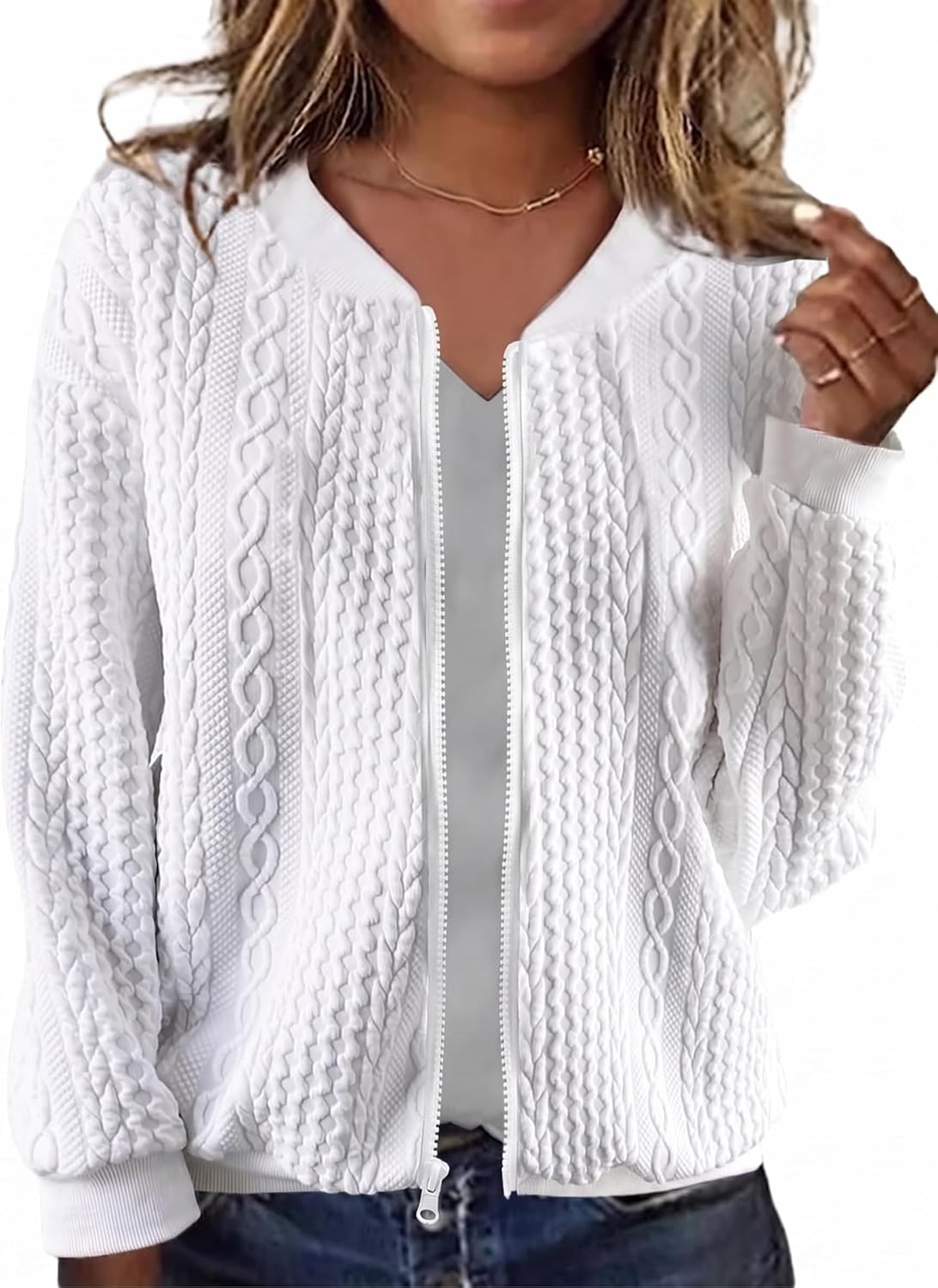 Women Zip Up Cardigan Sweater Cable Hoodies Long Sleeve Jacket Outfits Crewneck Casual Coat