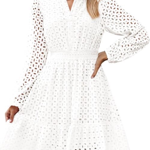 Womens Long Sleeve Mini Dress Fall V Neck Hollow Out Eyelet Embroidery Ruffle A Line Swing Short Dresses