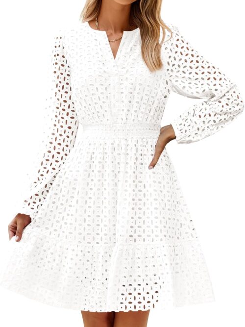 Womens  Long Sleeve Mini Dress Fall V Neck Hollow Out Eyelet Embroidery Ruffle A Line Swing Short Dresses