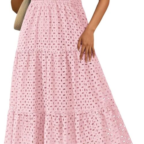 Womens Summer Maxi Dress Short Sleeve V Neck Hollow Out Eyelet A Line Long Flowy Beach Vacation Dresses