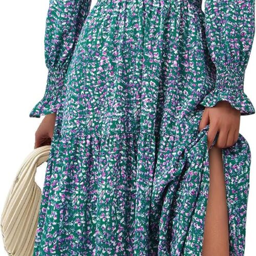 Womens Floral Maxi Dress Fall Long Sleeve V Neck A Line Long Flowy Spring Party Boho Dresses